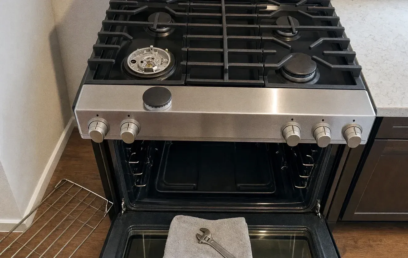 Cast-iron grates on a gas cooktop with one burner taken apart, oven door down and a wrench resting inside it