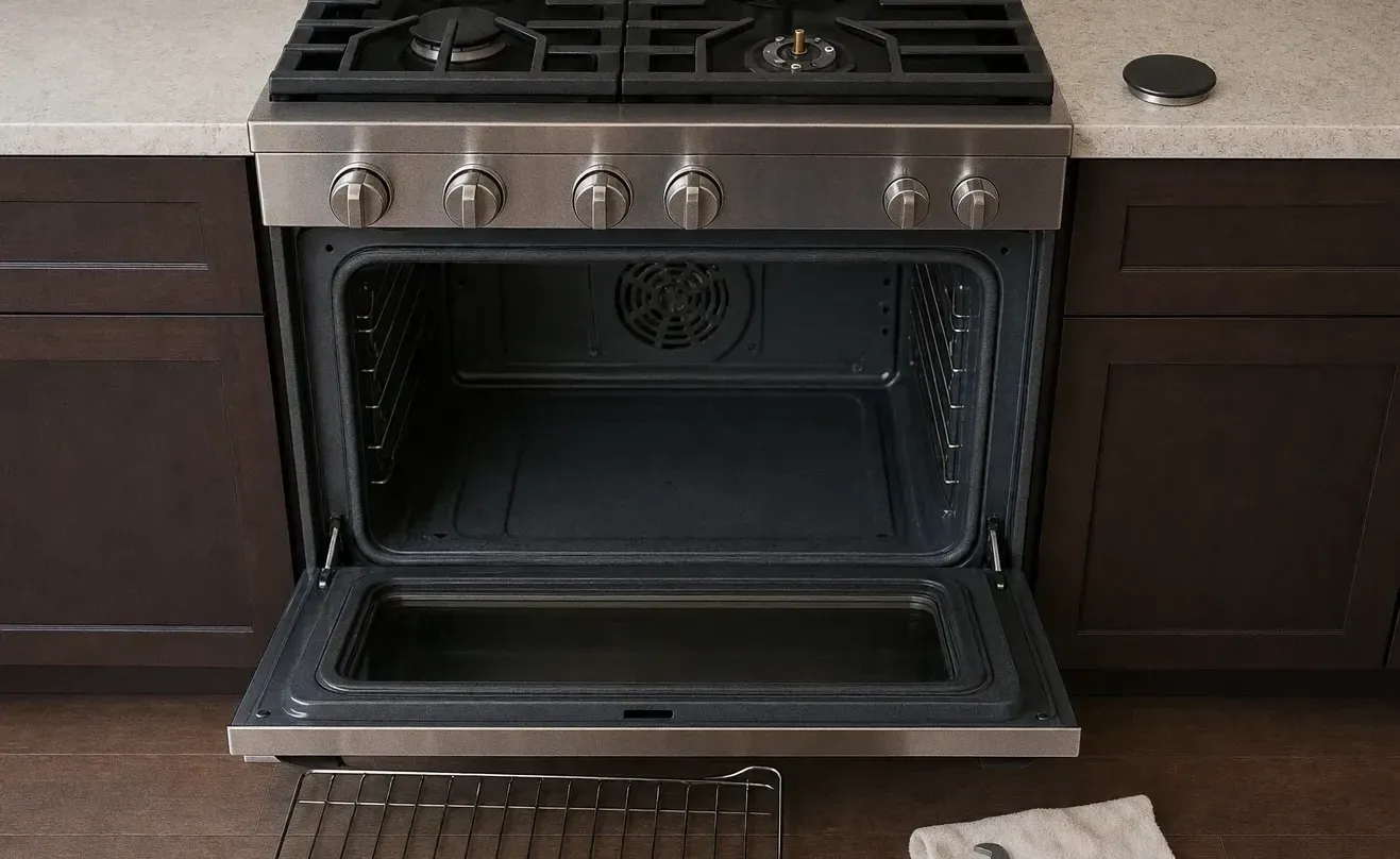 Wide stainless range in dark cabinets, oven open with the fan cover in view and a rack and towel on the floor